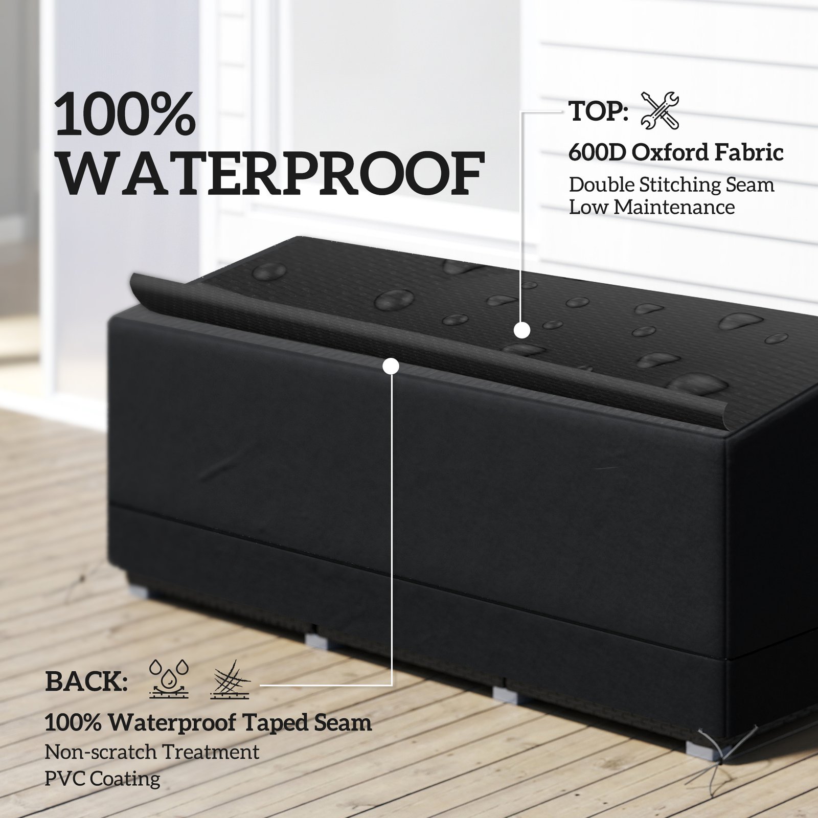 Outsunny Rectangular Patio Garden Furniture Cover Waterproof for 3 Seater Sofa Bistro Set, UV Resistant Protection 600D Oxford Fabric Rattan Lounge Clean Cover, 190 x 72 x 76cm, Black - Image 4