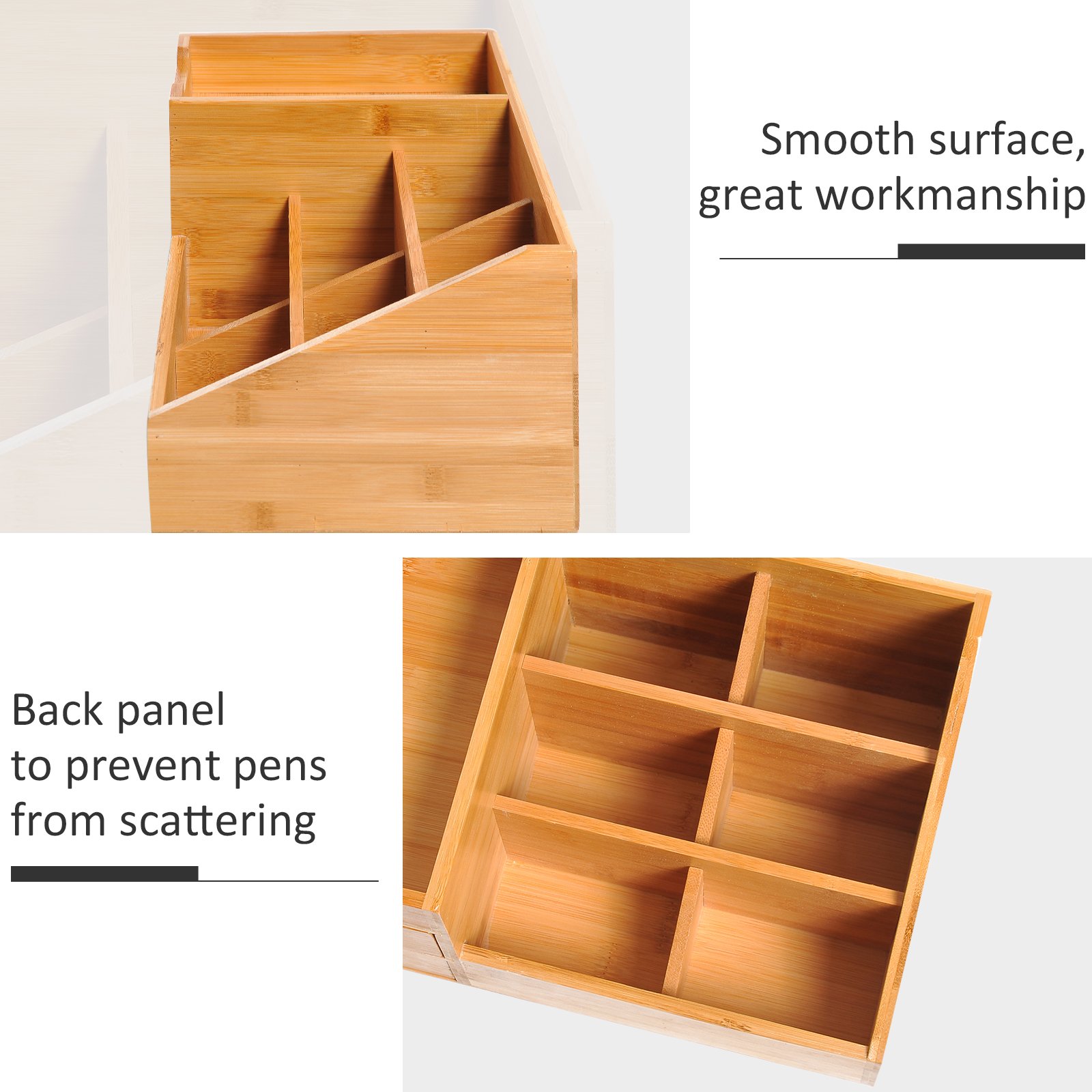 HOMCOM Desk Organiser Holder, Bamboo Multi-Function Storage Caddy with 7 Storage Compartments and 2 Drawers for Home Office Stationary Supplies, Natural Bamboo - Image 6