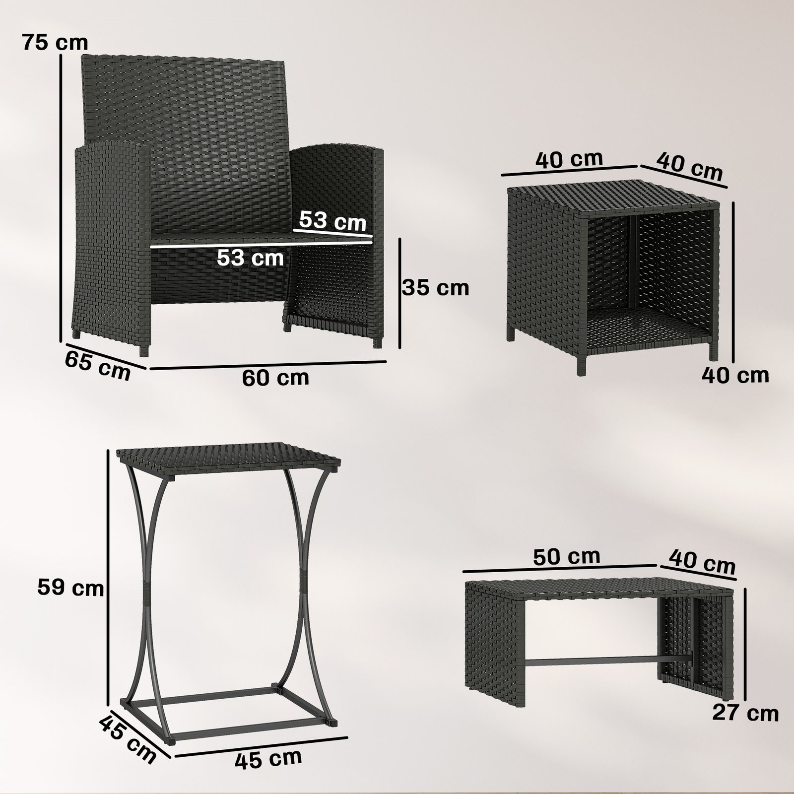 Outsunny 6 Piece Rattan Garden Furniture, Space-Saving Patio Furniture Set with Nesting Tables, Chairs, Stools, Cushions, Black - Image 3