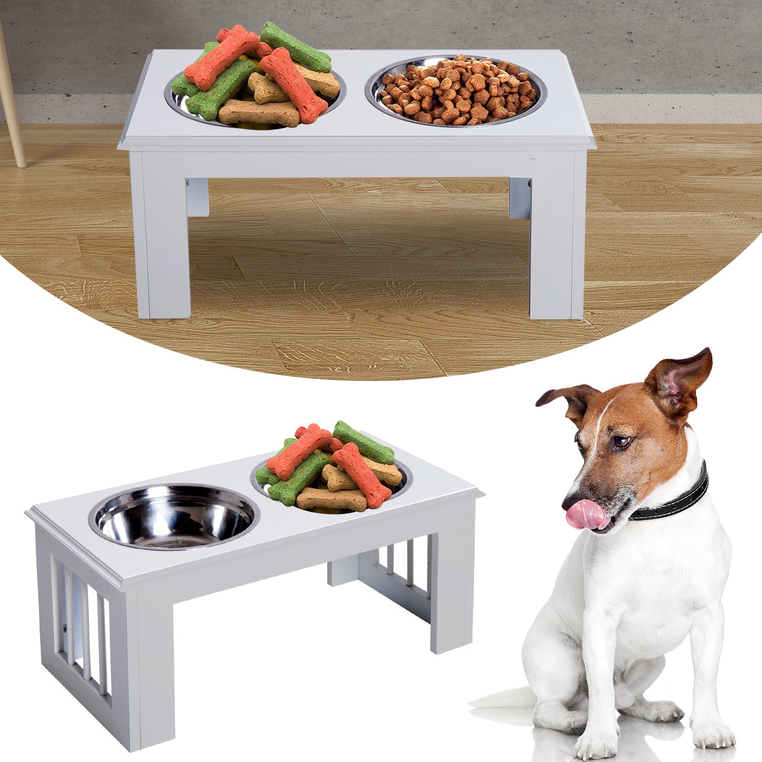PawHut Raised Dog Feeding Bowls with Stand, Stainless Steel for Medium Dog, 58L x 31W x 25H cm - White - Image 2