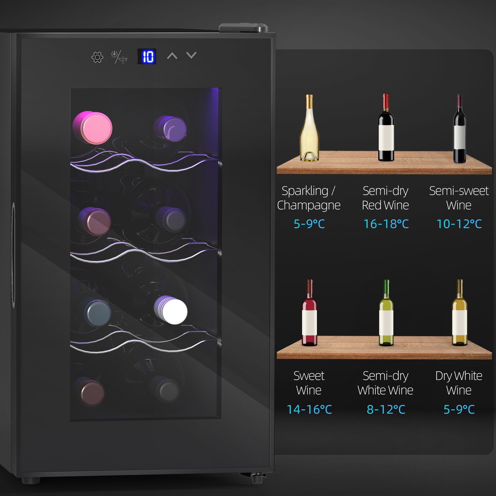 HOMCOM Mini Table Top Wine Fridge, 8 Bottle, 17L, 8-18?, 26.5cm Quiet Under Counter Wine Cooler Fridge with Glass Door, LED Light, Digital Touch Screen, Temperature Control - Image 9