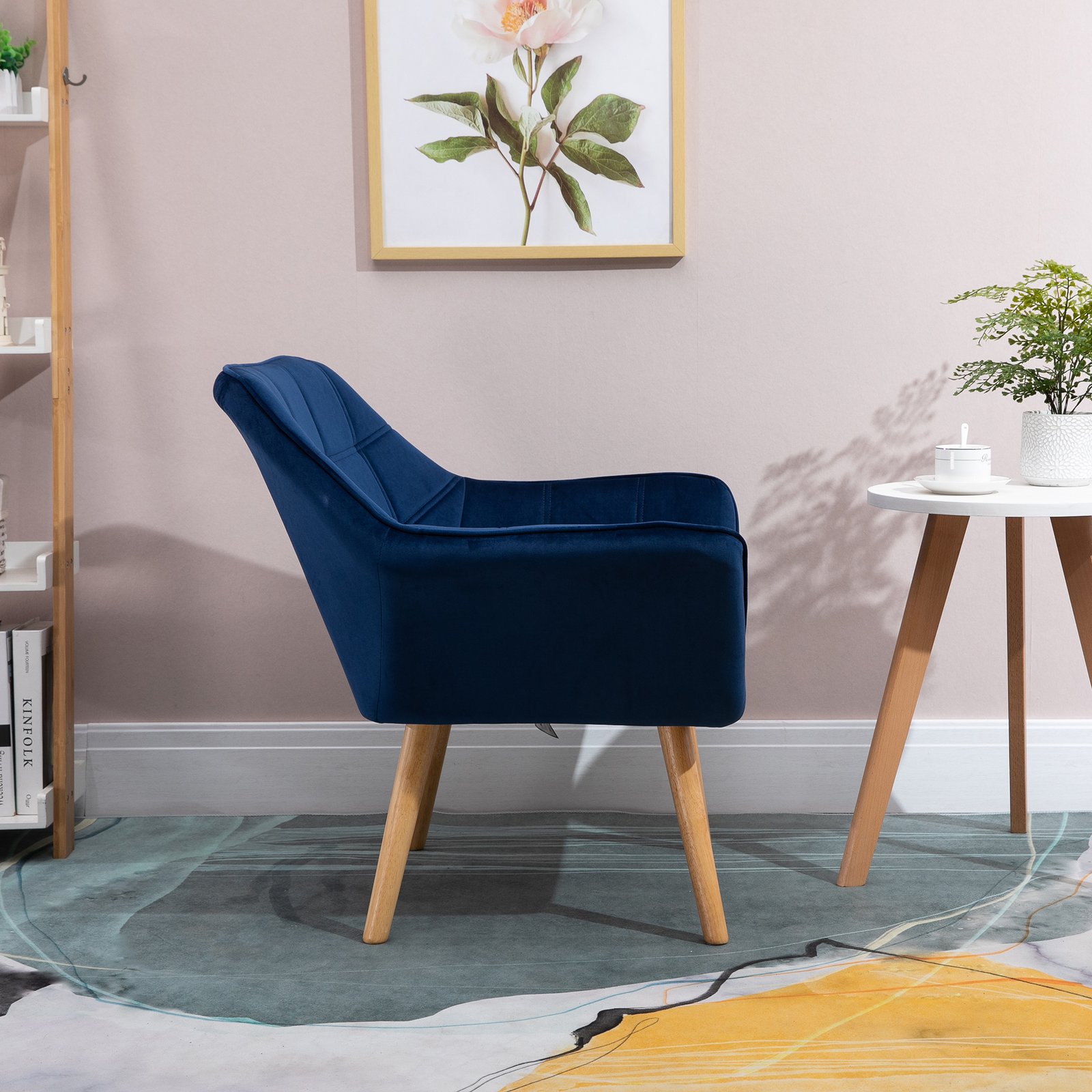 HOMCOM Armchair Accent Chair Wide Arms Slanted Back Padding Steel Frame Wooden Legs Home Bedroom Furniture Seating Blue - Image 7