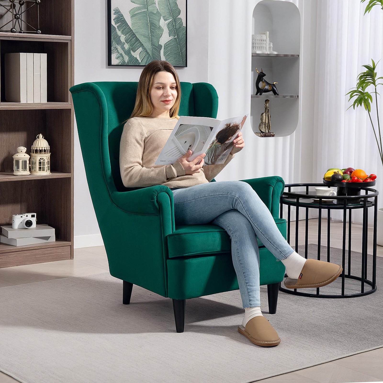 HOMCOM Modern Accent Chair, Upholstered Wingback Armchair with High Backrest and Pillow, Velvet-Feel Fabric Reading Chair with Solid Wood Legs for Living Room, Bedroom, Home Office, Dark Green - Image 8