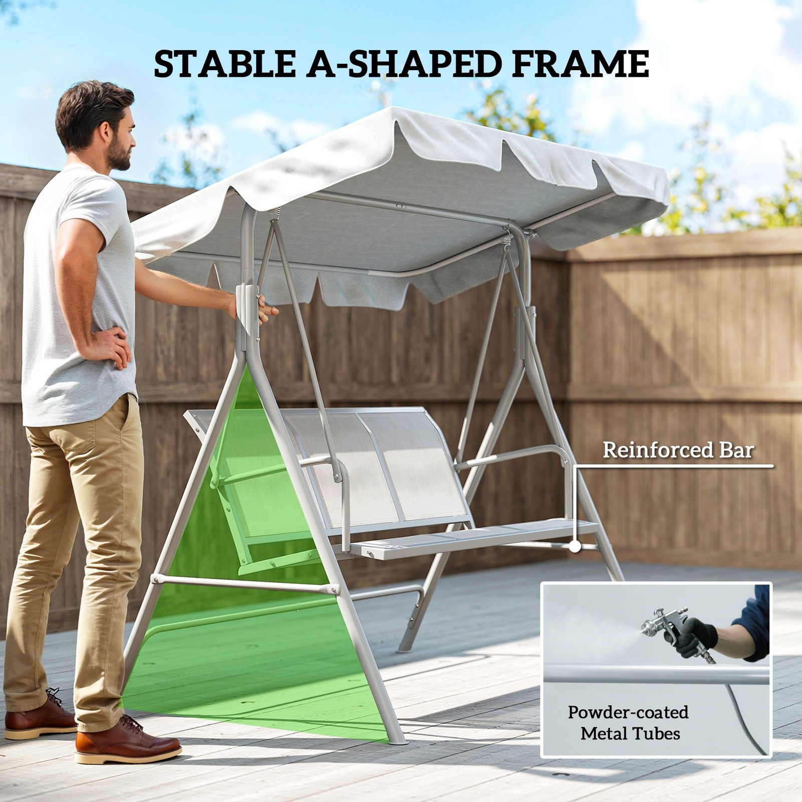 Outsunny Metal Garden Swing Chair, 3-Seater Swing Seat, Patio Hammock Bench Canopy Lounger, Light Grey - Image 6