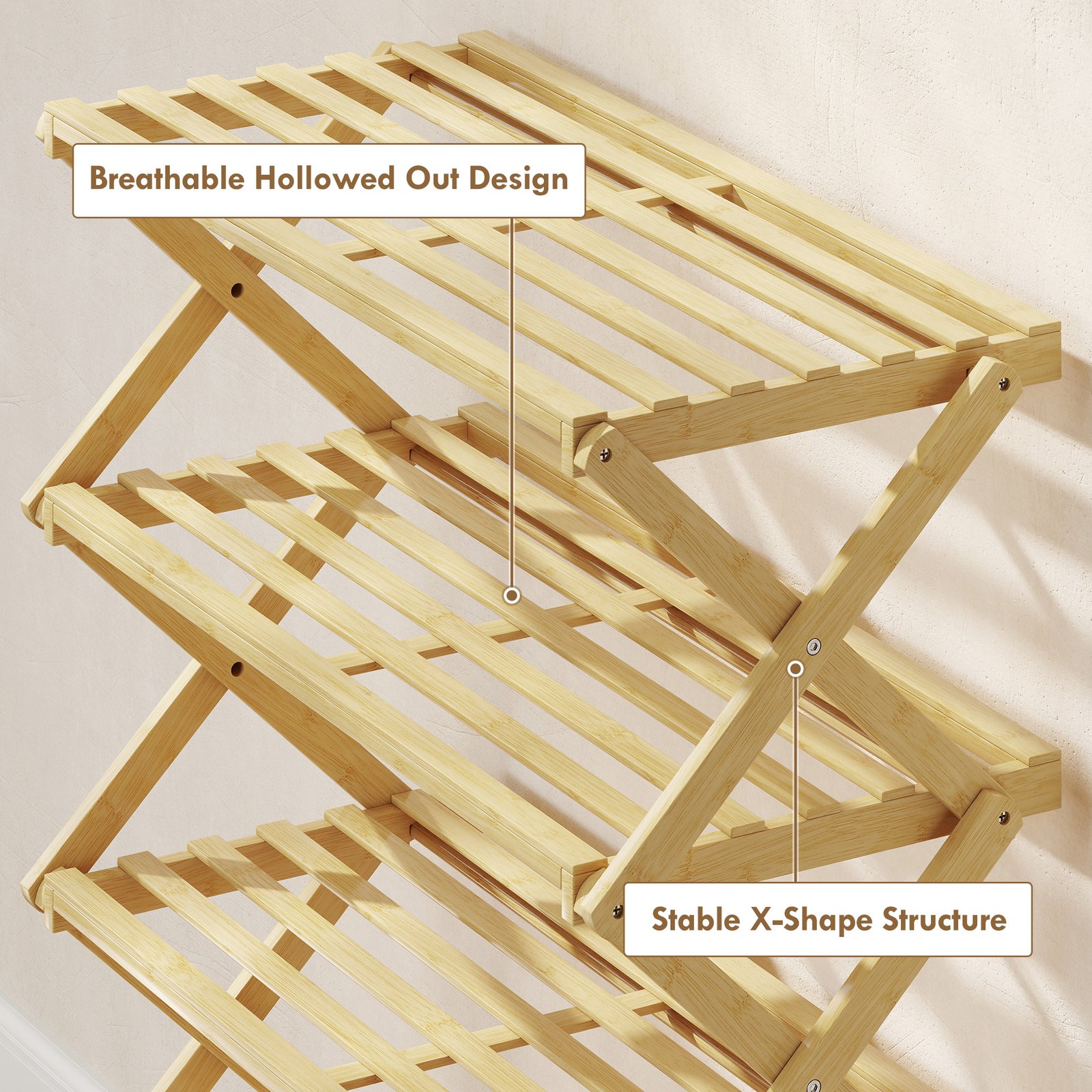 HOMCOM Five-Tier Folding Bamboo Shoe Rack - Natural Finish - Image 7