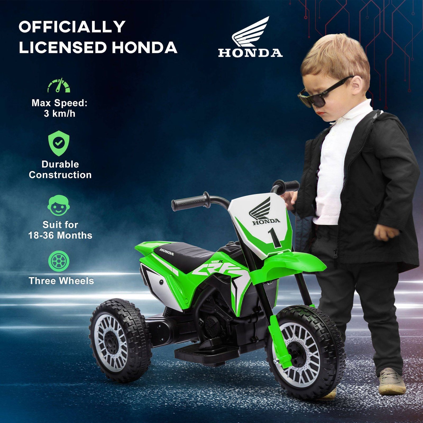 HOMCOM 6V Kids Motorbike, Three-Wheel Kids Electric Bike with Horn, Startup Sound for Ages 18-36 Months - Green - Image 4