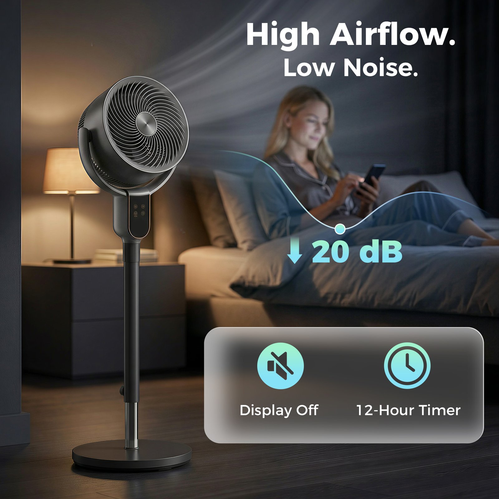 HOMCOM 20 dB Silent Standing Fan for Bedroom, 42" Pedestal Fan with Remote, 90° Oscillating, 8 Speeds, Remote Control, Grey - Image 5