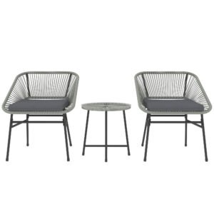Outsunny 3 Pieces Rattan Bistro Set, Wicker Small Garden Table and Chairs Set with Cushions and Glass Top Coffee Table, Bistro Garden Furniture Set for Outdoor, Patio, Balcony, Light Grey