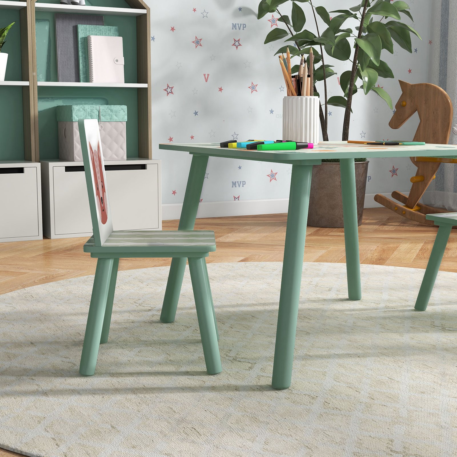 ZONEKIZ Kids Table and Chair Set and Kids Easel with Paper Roll, Storage Baskets, Kids Activity Furniture Set, Green - Image 9
