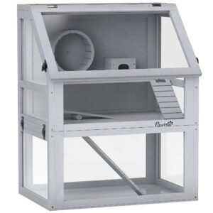 PawHut Wooden Hamster Cage with Detachable 32cm Deep Bottom, Hut, Seesaw, Exercise Wheel, Ramp, 60 x 40 x 75cm, Light Grey