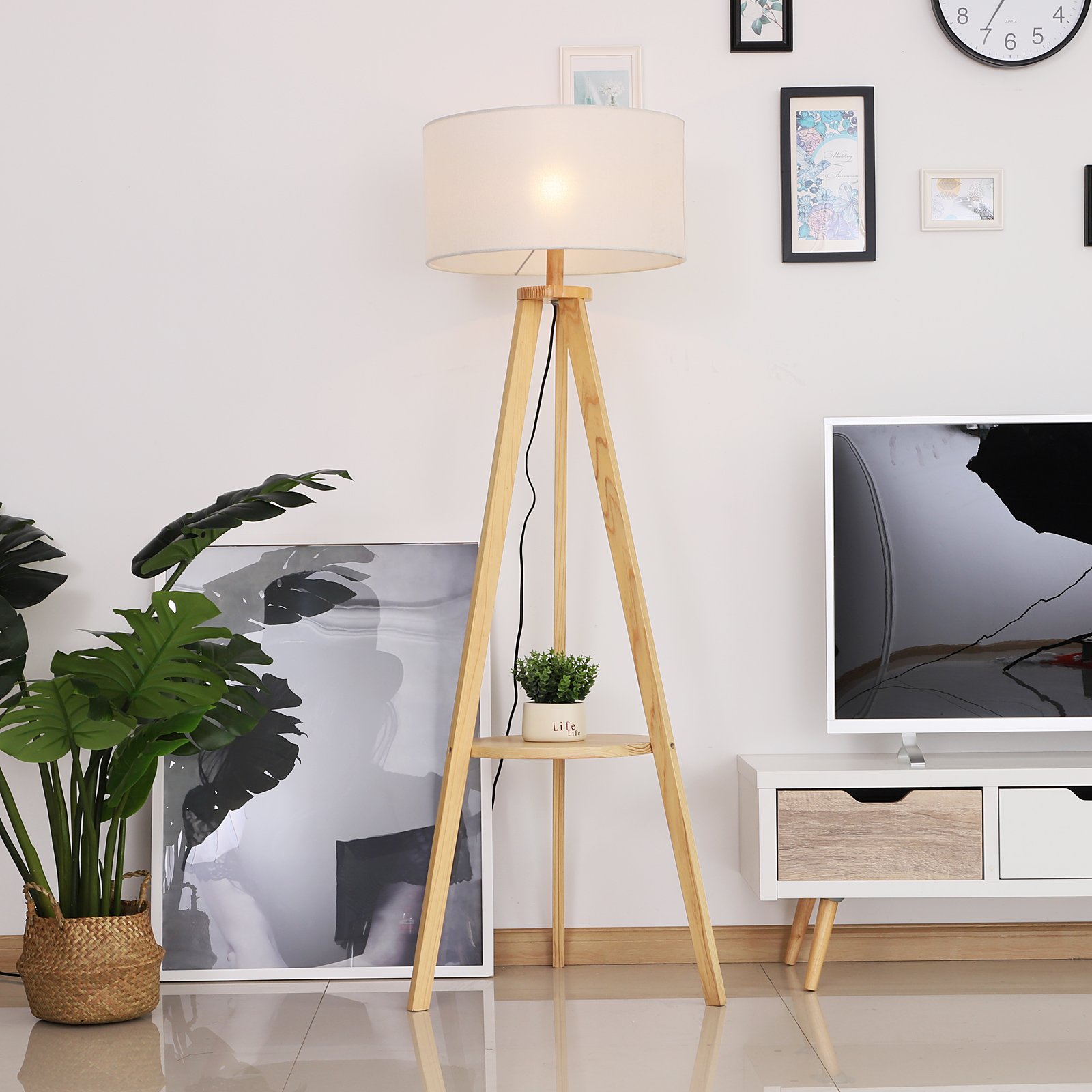 HOMCOM Tripod Floor Lamp, Freestanding Bedside Light Reading Light with Storage Shelf and Linen Shade for Living Room Bedroom, 154cm, Cream - Image 7