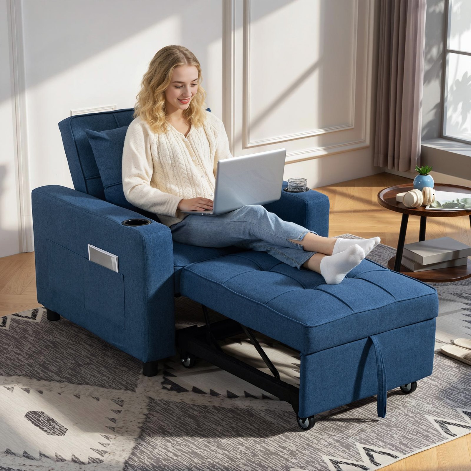 HOMCOM 3-in-1 Single Sofa Bed, Convertible Sleeper Chair Bed with 3-level Adjustable Back - Dark Blue - Image 2