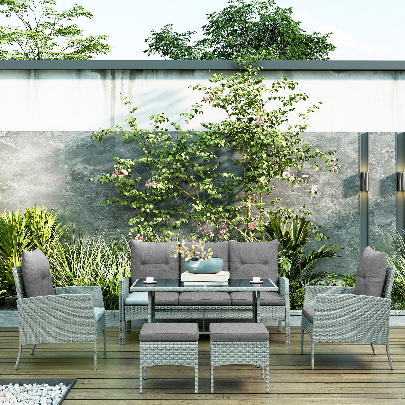 Outsunny 5 Seater Rattan Garden Furniture Set, 6 Piece Garden Sofa Set, Armchairs, 3-Seater Sofa, Footstools, Glass Dining Table, Cushions, Wicker Outdoor Furniture for Conservatory Patio, Grey - Image 8