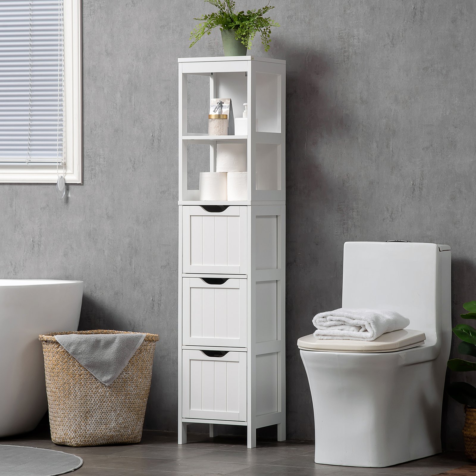 HOMCOM Narrow Floor Cabinet, Bathroom Cabinet with 3 Drawers and 2 Open Shelves, 30W x 30D x 141.6Hcm, White - Image 7