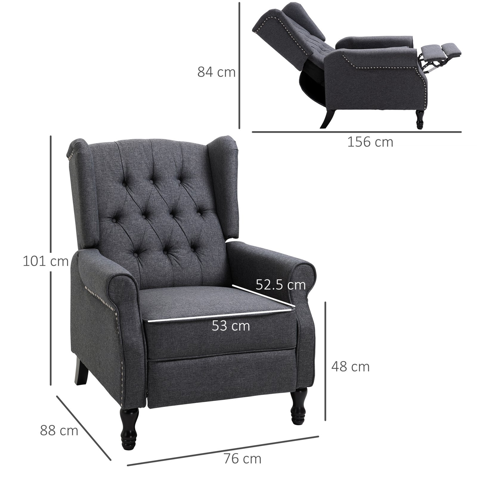 HOMCOM Recliner Armchair, Vintage Reclining Chair with Nail Head Trim, Wingback Chair with Button Tufted Back and Footrest, for Living Room, Dark Grey - Image 3