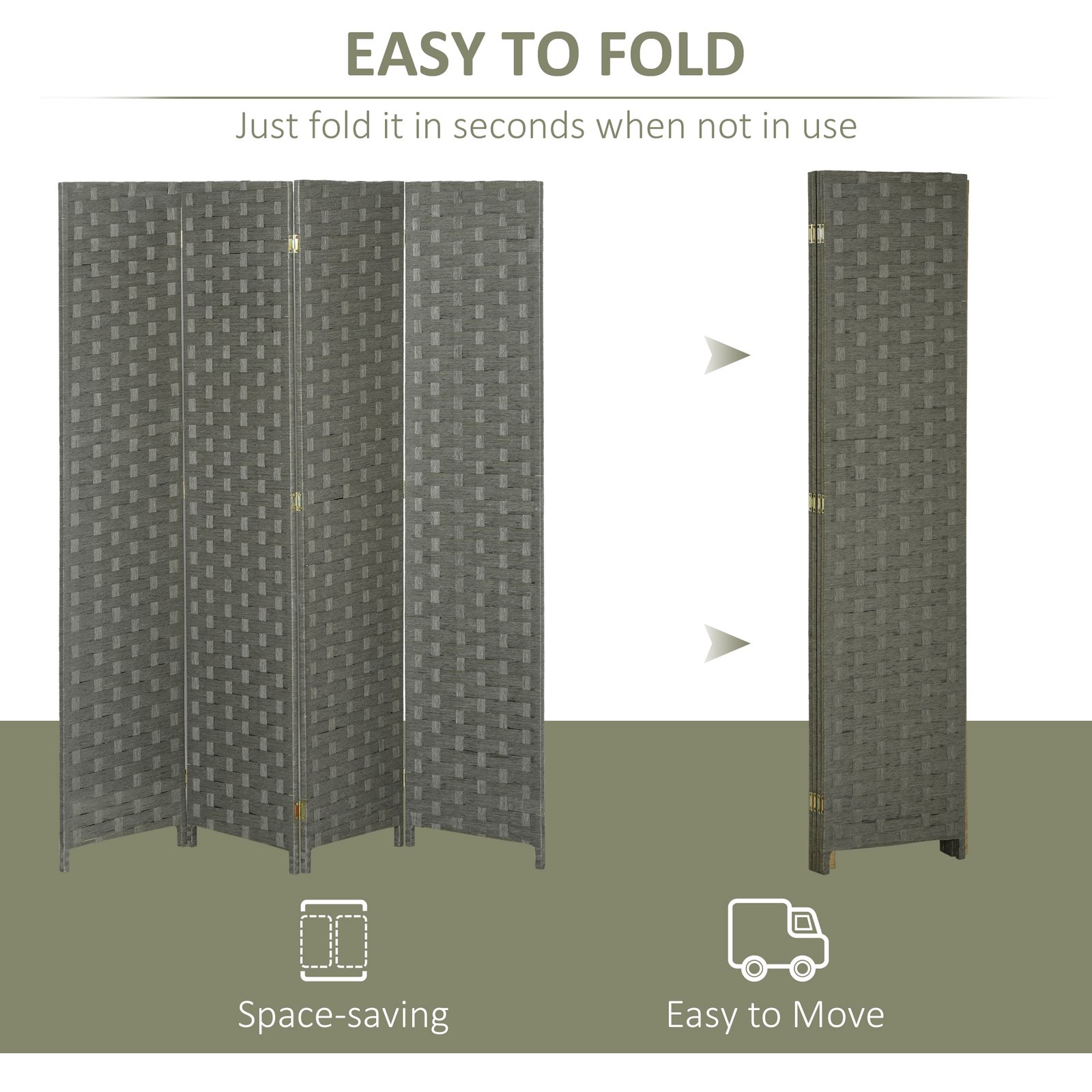 HOMCOM 4-Panel Room Dividers, Wave Fibre Freestanding Folding Privacy Screen Panels, Partition Wall Divider for Indoor Bedroom Office, 170 cm, Grey - Image 4