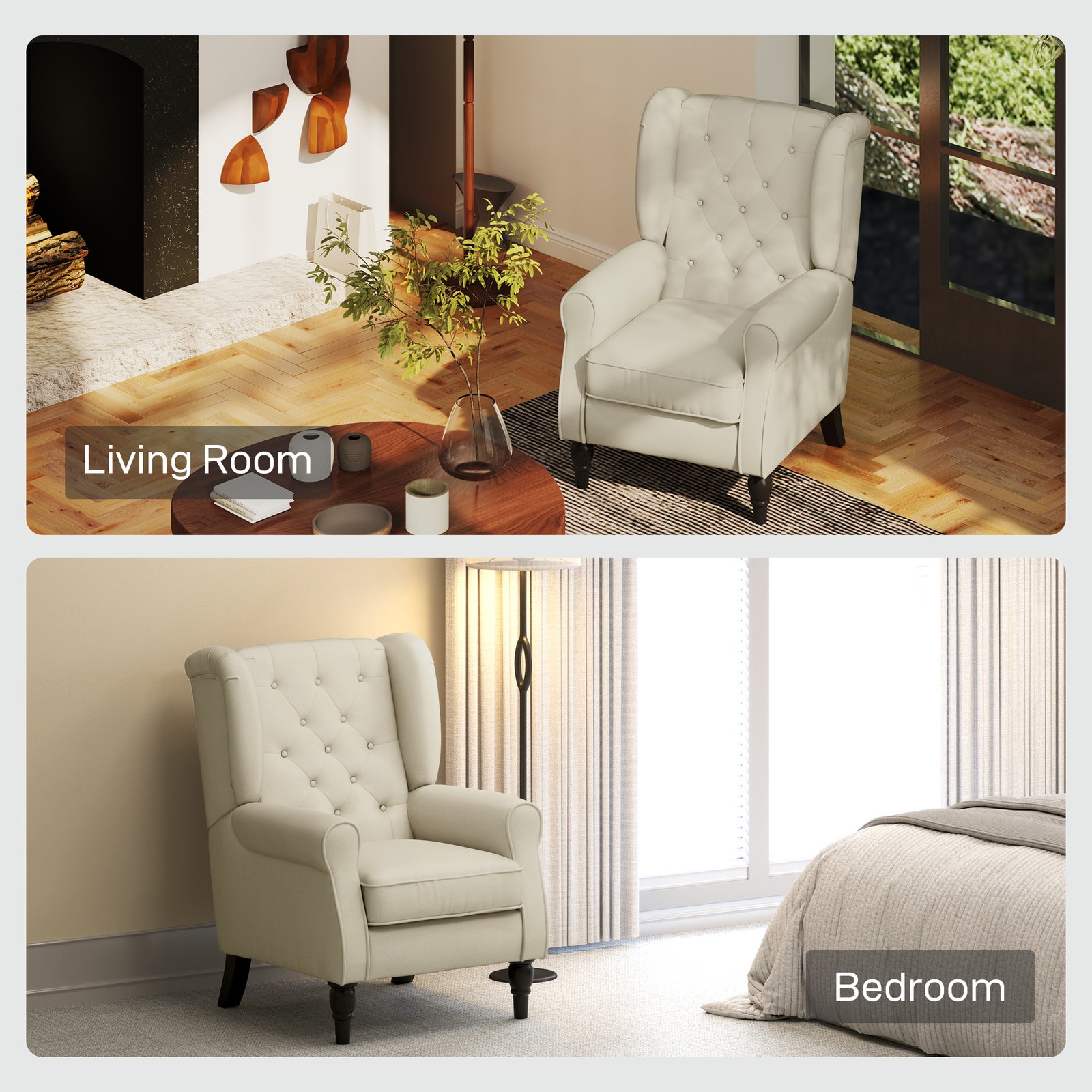 HOMCOM Wingback Accent Chair, Retro Upholstered Button Tufted Occasional Chair for Living Room and Bedroom, Cream White - Image 8