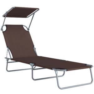 Outsunny Folding Sun Lounger with Canopy, Reclining Sunbed with 4-Position Adjustable Backrest, 600D Oxford Cloth, Portable Garden Lounger Recliner Chair for Beach, Camping, Patio, Brown