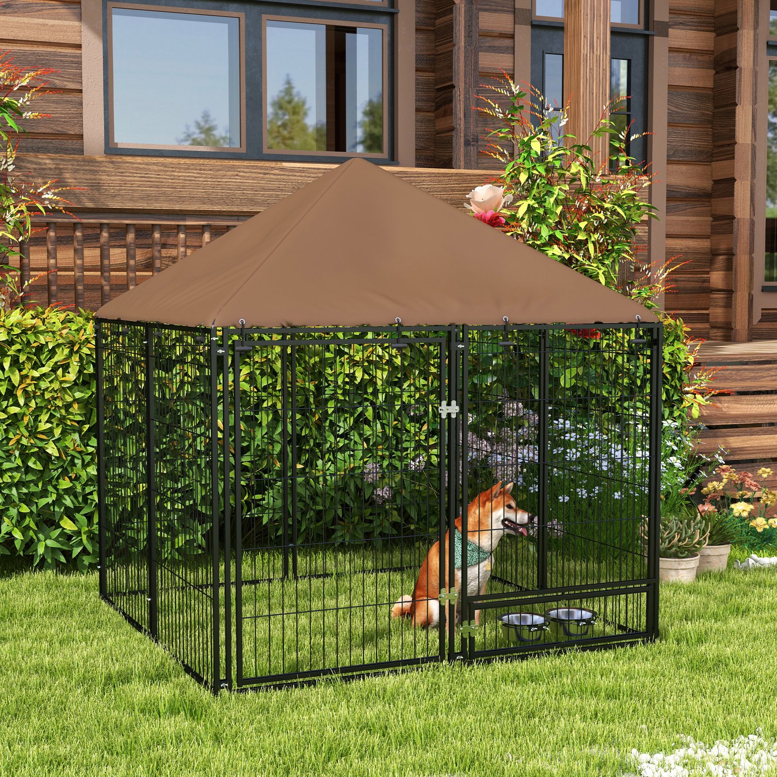 PawHut Outdoor Dog Kennel Puppy Play Pen with Canopy Garden Playpen Fence Crate Enclosure Cage Rotating Bowl 141 x 141 x 151 cm - Image 2