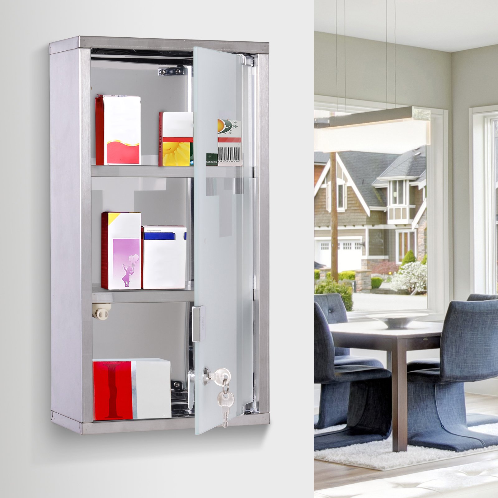 HOMCOM Stainless Steel wall mounted Medicine Cabinet with 2 Shelves + Security Glass Door Lockable 48 cm(H) - Image 2