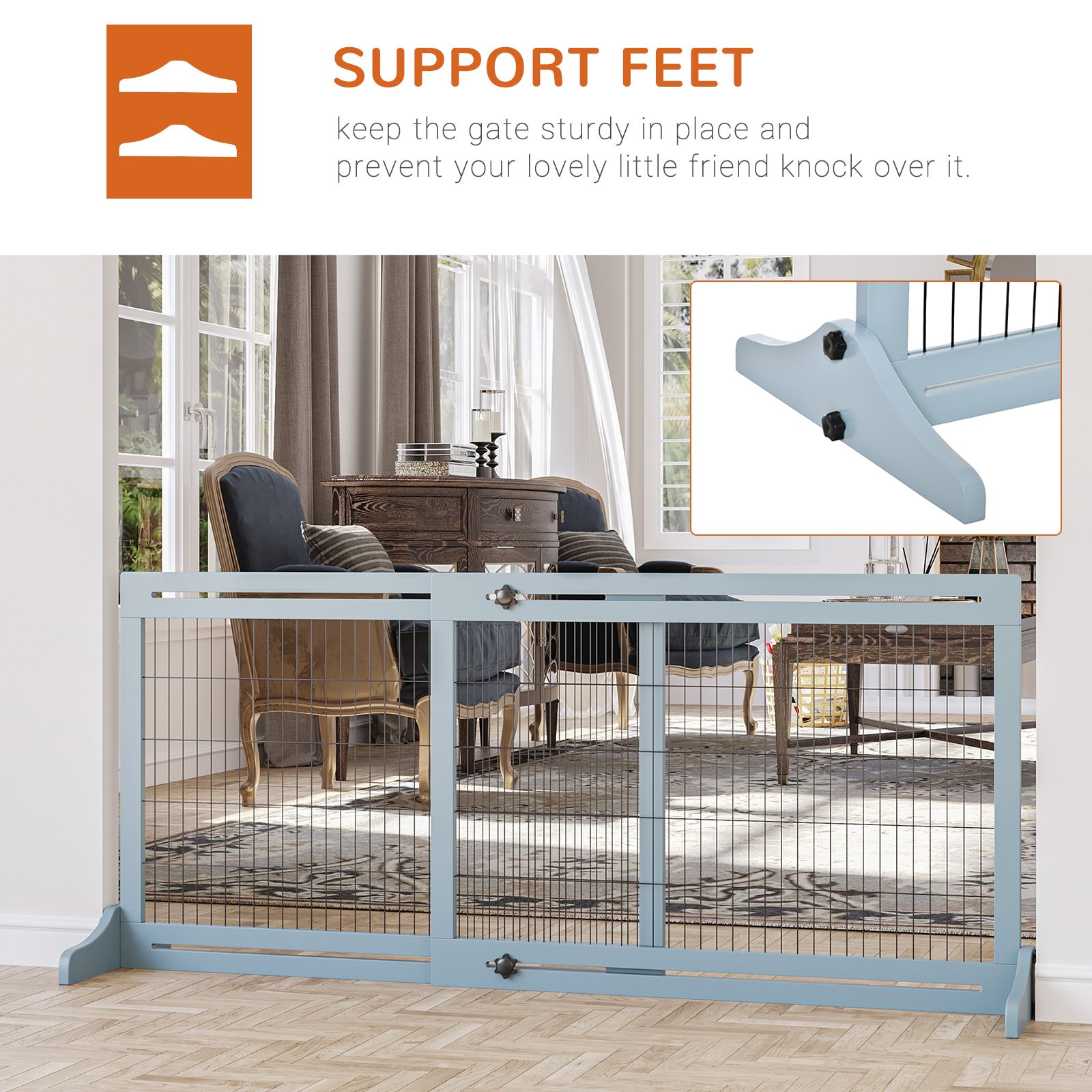 PawHut Freestanding Dog Gate, Foldable Pet Fence, Indoor Wood Barrier, Stair Gate with Support Feet, for Doorway, Hallway, Small and Medium Dogs, 69H x 104-180 cm, Blue-grey - Image 5