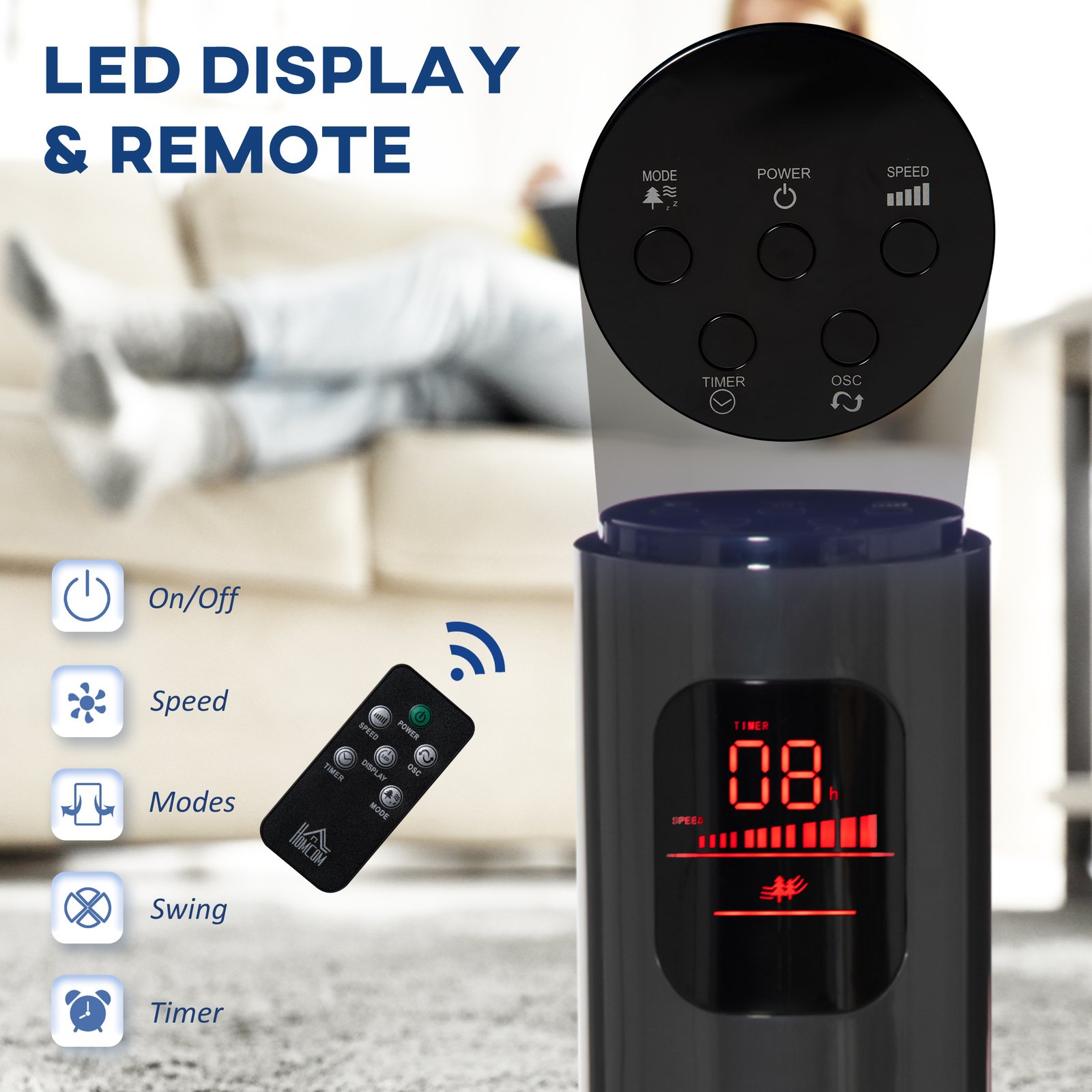 HOMCOM 38'' Freestanding Tower Fan, 3 Speed 3 Mode, 12h Timer, 70 Degree Oscillation, LED Panel, 5M Remote Controller, Dark Grey - Image 6