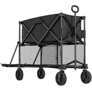 Outsunny Double Decker Folding Festival Trolley on Wheels, 200KG & 350L Capacity Collapsible Wagon Festival Trolley Cart with 134cm Extended for Camping Sports Shopping Garden and Beach, Black