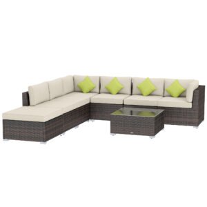 Outsunny 8 Piece Rattan Corner Sofa Set with Wide & Deep Seat, Assembled Aluminium PE Rattan Garden Furniture Set with Thick Cushions and Glass Top Table for Outdoor, Conservatory, Mixed Brown