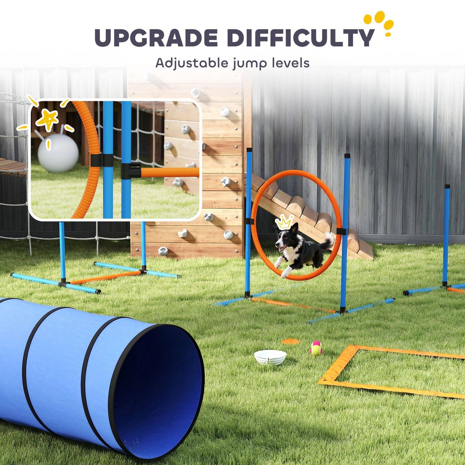 PawHut Dog Agility Equipment, 8PCS Agility Training Set with Tunnel, Weave Poles, Adjustable Hurdles, Jump Ring - Image 5