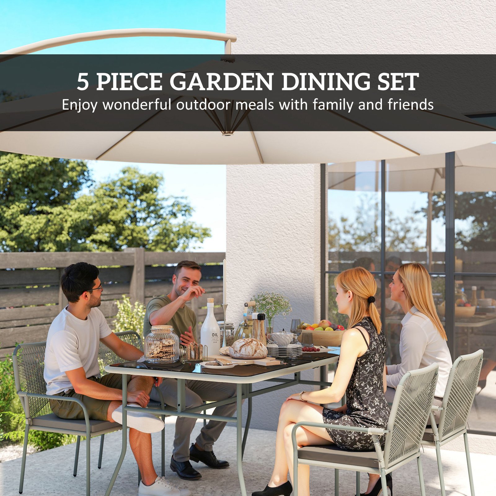 Outsunny Five-Piece PE Rattan Garden Dining Set with Cushions & Stackable Chairs - Light Grey - Image 4