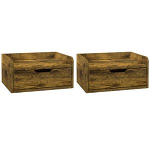 HOMCOM Floating Nightstands Set of 2, Wall Mounted Bedside Table with Drawer for Bedroom, Rustic Brown