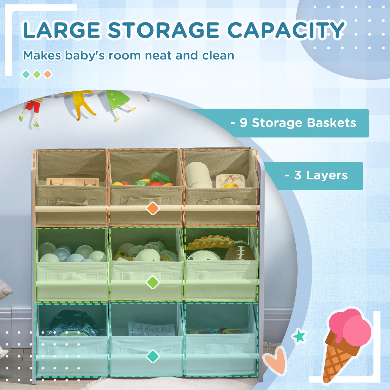 ZONEKIZ Kids Storage Rack, with Nine Removable Baskets, for Nursery, Bedroom, Playroom - Grey - Image 4