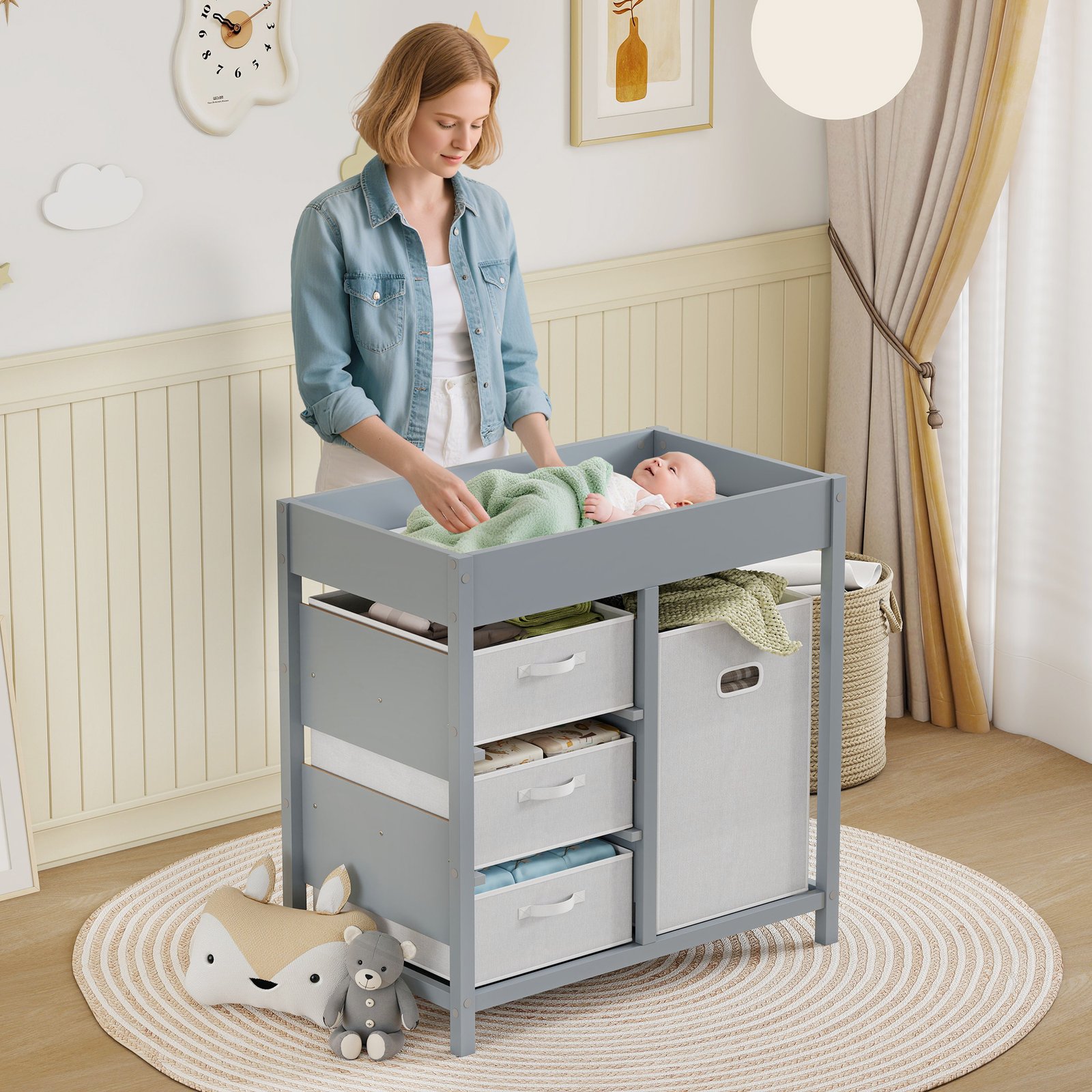 AIYAPLAY Baby Changing Unit with 4 Storage Drawers, Mat for Bedroom Nursery, 84 x 84.5 cm, Grey - Image 2