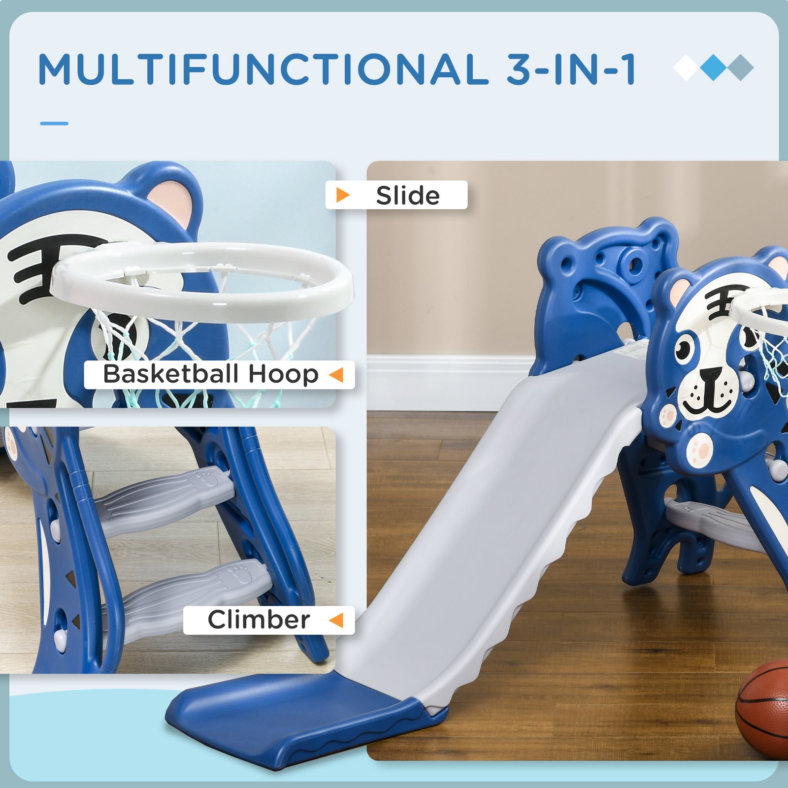 AIYAPLAY 3 in 1 Baby Slide for Indoor Use with Climber, Basketball Hoop, Basketball, for Ages 18-36 Months - Blue - Image 4