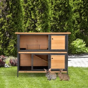 PawHut Wooden Metal Guinea Pigs Hutches Pet House Bunny w/ Slide-Out Tray Outdoor Light Yellow,black