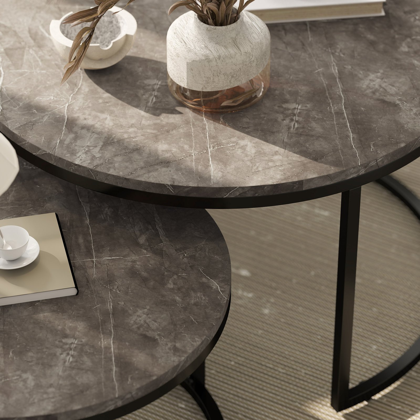 HOMCOM Industrial Nesting Coffee Table Set of 2, Round Coffee Tables, Living Room Table with Faux Marbled Top and Steel Frame - Image 9