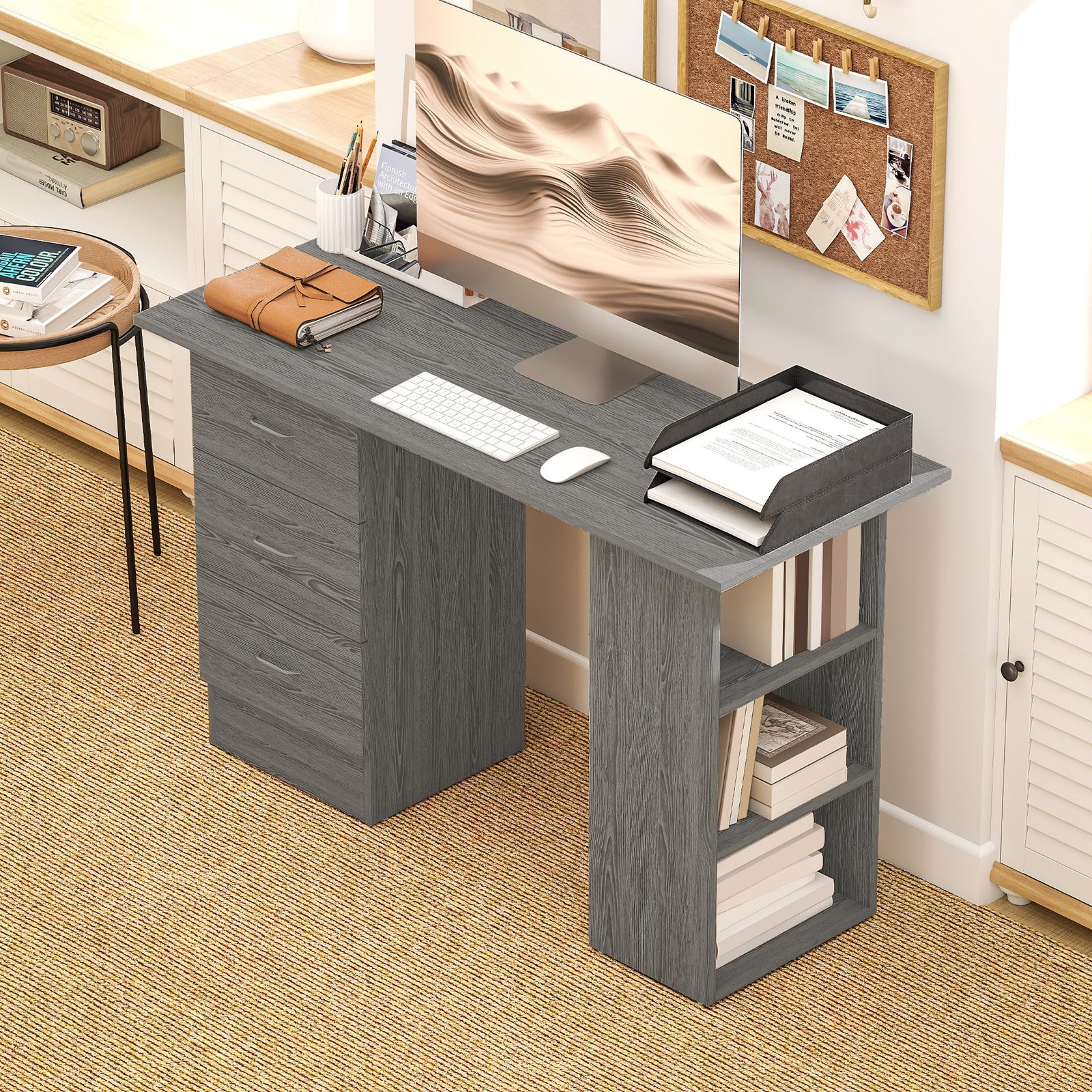 HOMCOM Computer Desk with Drawers, Home Office Desk, Writing Table, PC Workstation with 3 Storage Shelves for Working, Study, 120 x 49 x 72 cm, Grey - Image 7