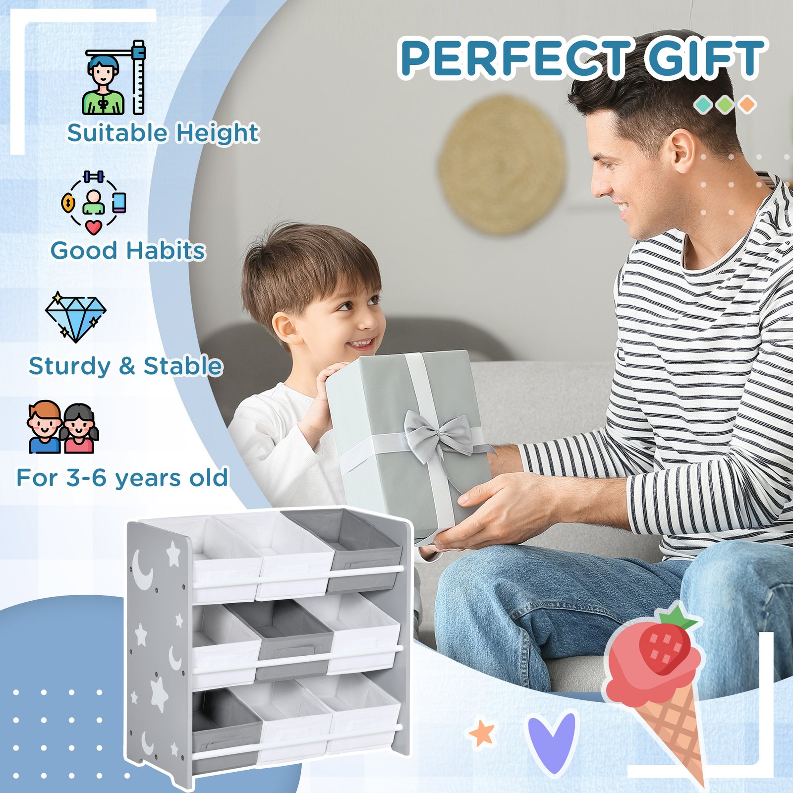 ZONEKIZ Kids Storage Rack, with Nine Removable Baskets, for Nursery, Bedroom, Playroom - Grey - Image 6
