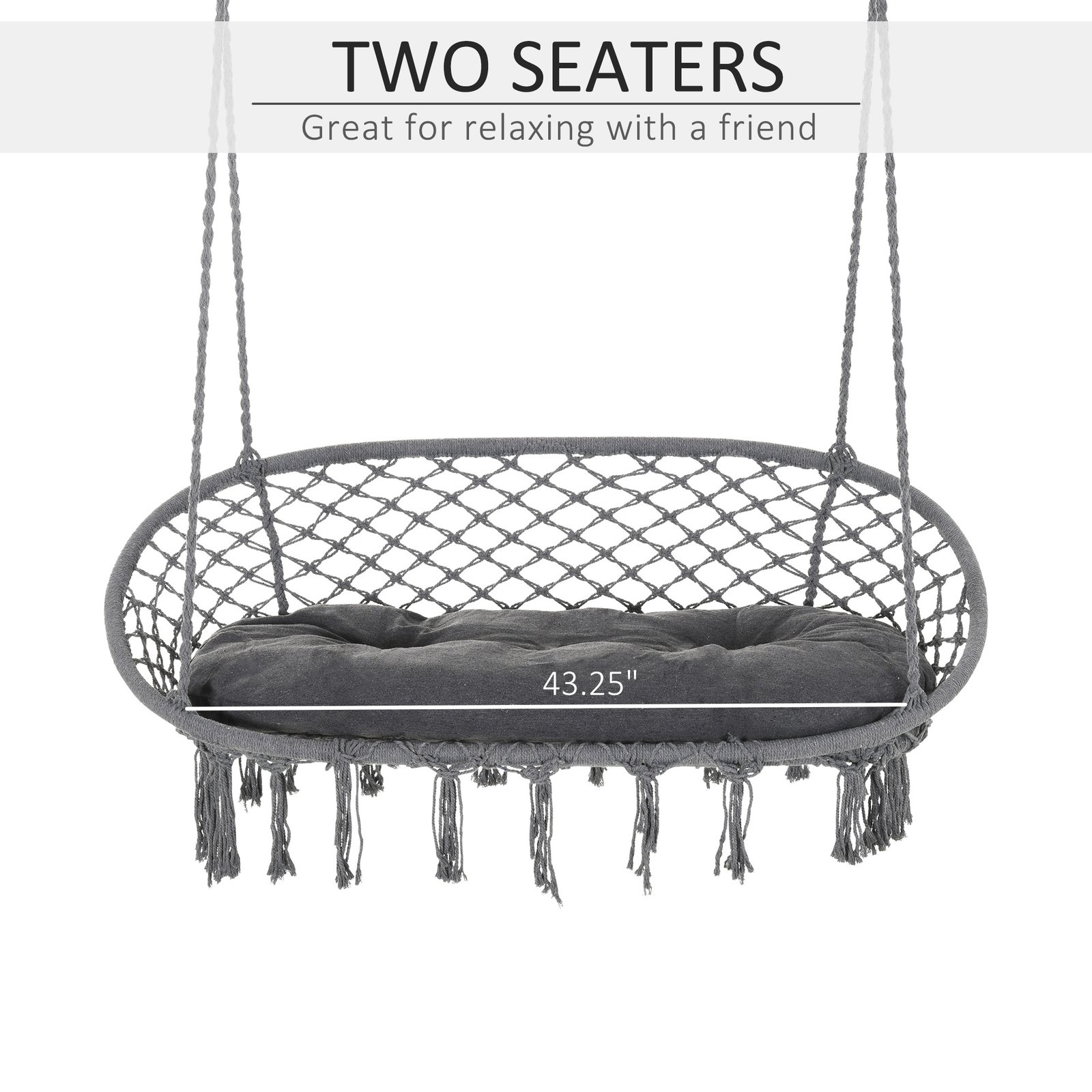 Outsunny Two-Seater Boho Macrame Hammock Swing - Grey - Image 4