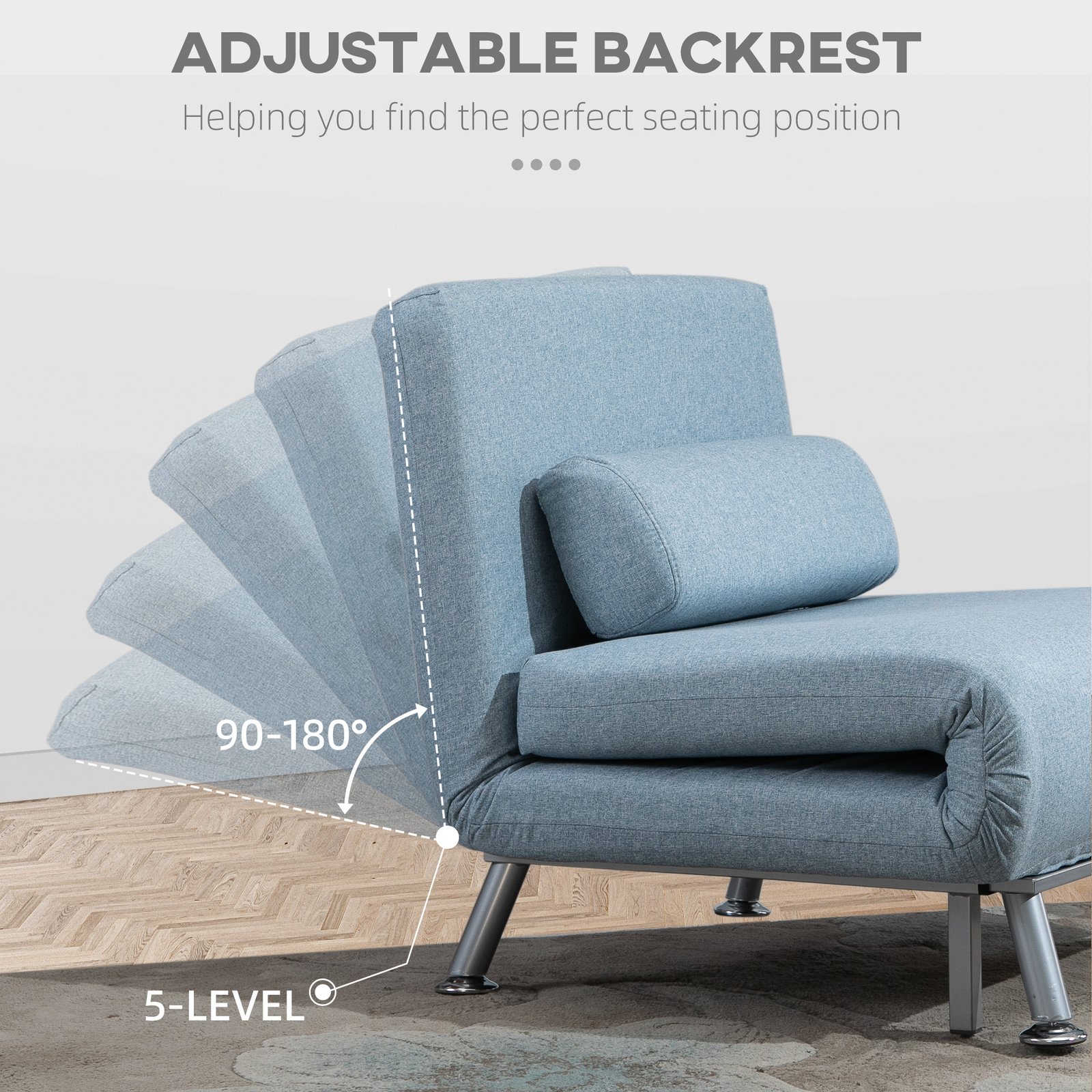 HOMCOM Single Sofa Chair Bed, Linen Fabric 3-in-1 Convertible Sleeper Chair with 5-Position Adjustable Backrest, 75cm Wide Seat, Pillow for Living Room, Bedroom, Sky Blue - Image 4
