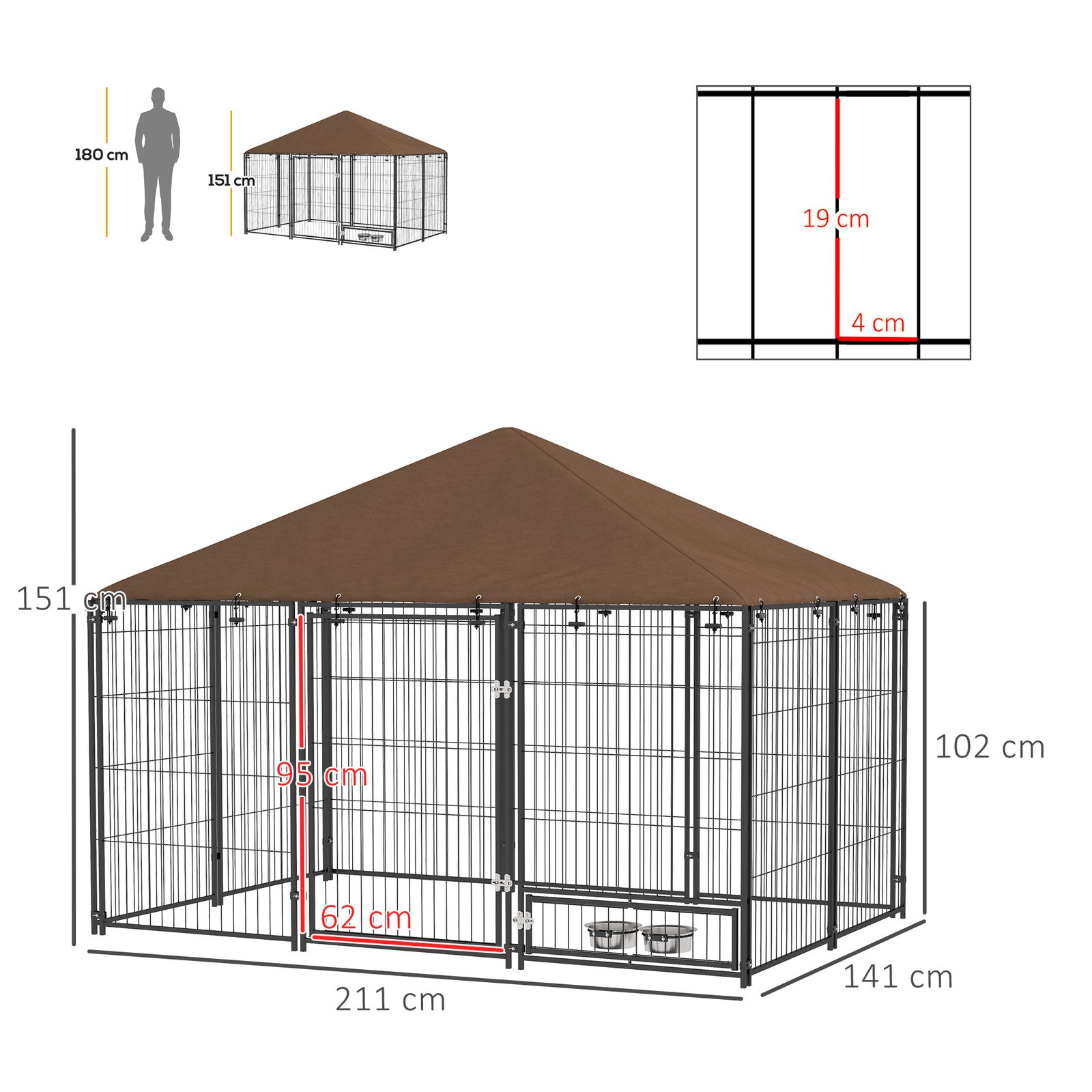 PawHut Outdoor Dog Kennel Puppy Play Pen with Canopy Garden Playpen Fence Crate Enclosure Cage Rotating Bowl 211 x 141 x 151 cm - Image 3