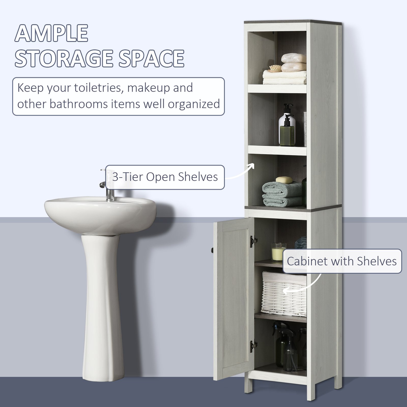kleankin Tall Bathroom Storage Cabinet, Freestanding Tower Cabinet with 3 Open Shelves and Adjustable Shelf, Antique White - Image 4