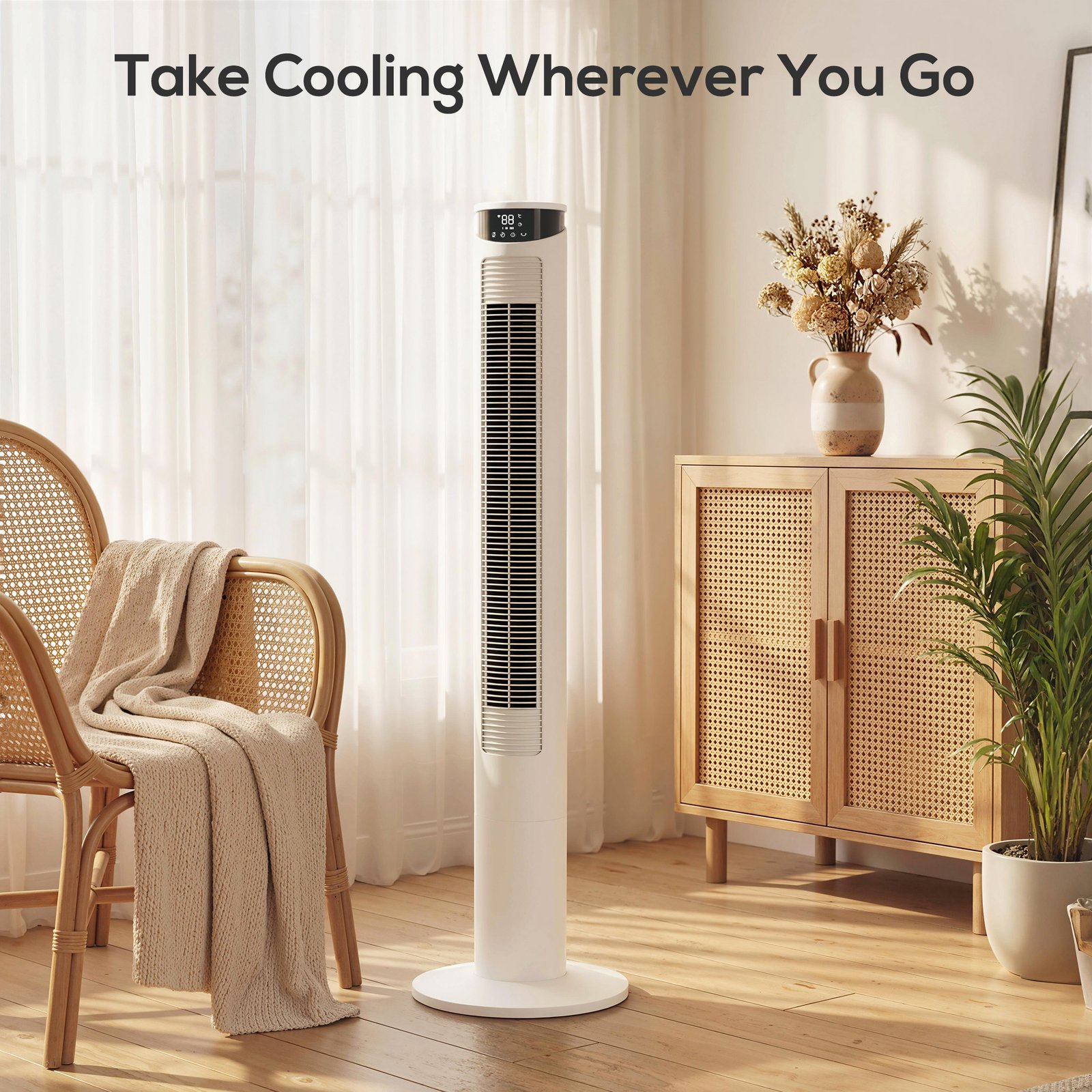 HOMCOM Tower Fan with WiFi Control Standing Floor Fan with Remote Control 116 cm White - Image 8