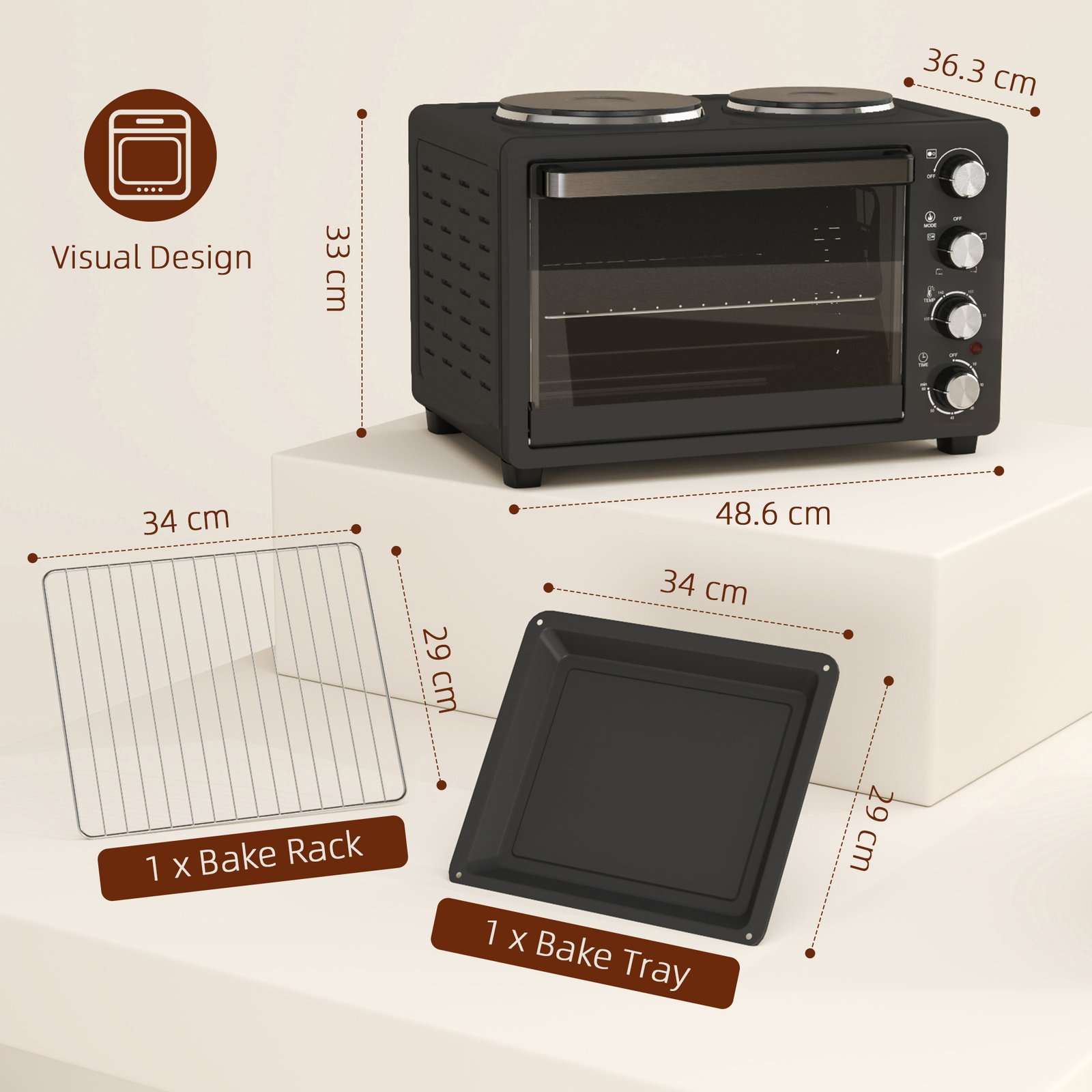 HOMCOM 28L Mini Oven with 2 Hot Plates, Countertop Toaster Oven, Grill, Roast, Bake, Boil, with Timer, Adjustable Temperature, Electric Oven with Baking Tray, Grill Rack, Crumb Tray, 2600W, Black - Image 3