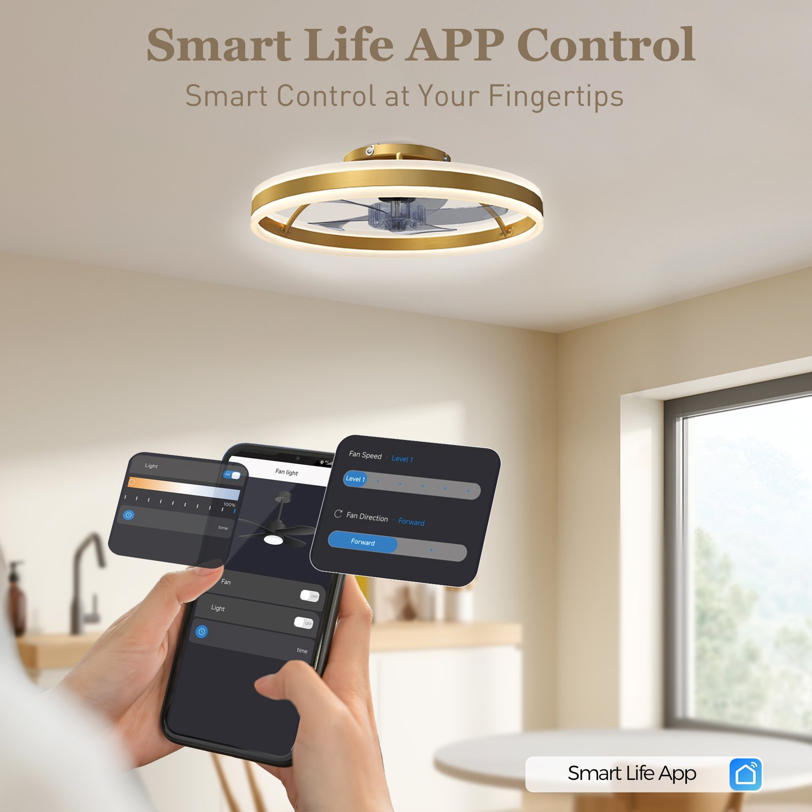 HOMCOM Ceiling Fan with Light and Remote, LED Mount Ceiling Fan with 3 Colour Temperatures, 6 Speed, 50 cm, Gold Tone - Image 4
