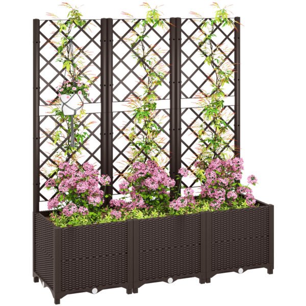 Outsunny Raised Garden Bed with Trellis, Plastic Planter Box with Drainage Holes, Drain Plugs and Water Reservoirs for Climbing Plants, Vegetables, Flowers, Brown Outsunny Raised Garden Bed with Trellis, Plastic Planter Box with Drainage Holes, Drain Plugs and Water Reservoirs for Climbing Plants, Vegetables, Flowers, Brown