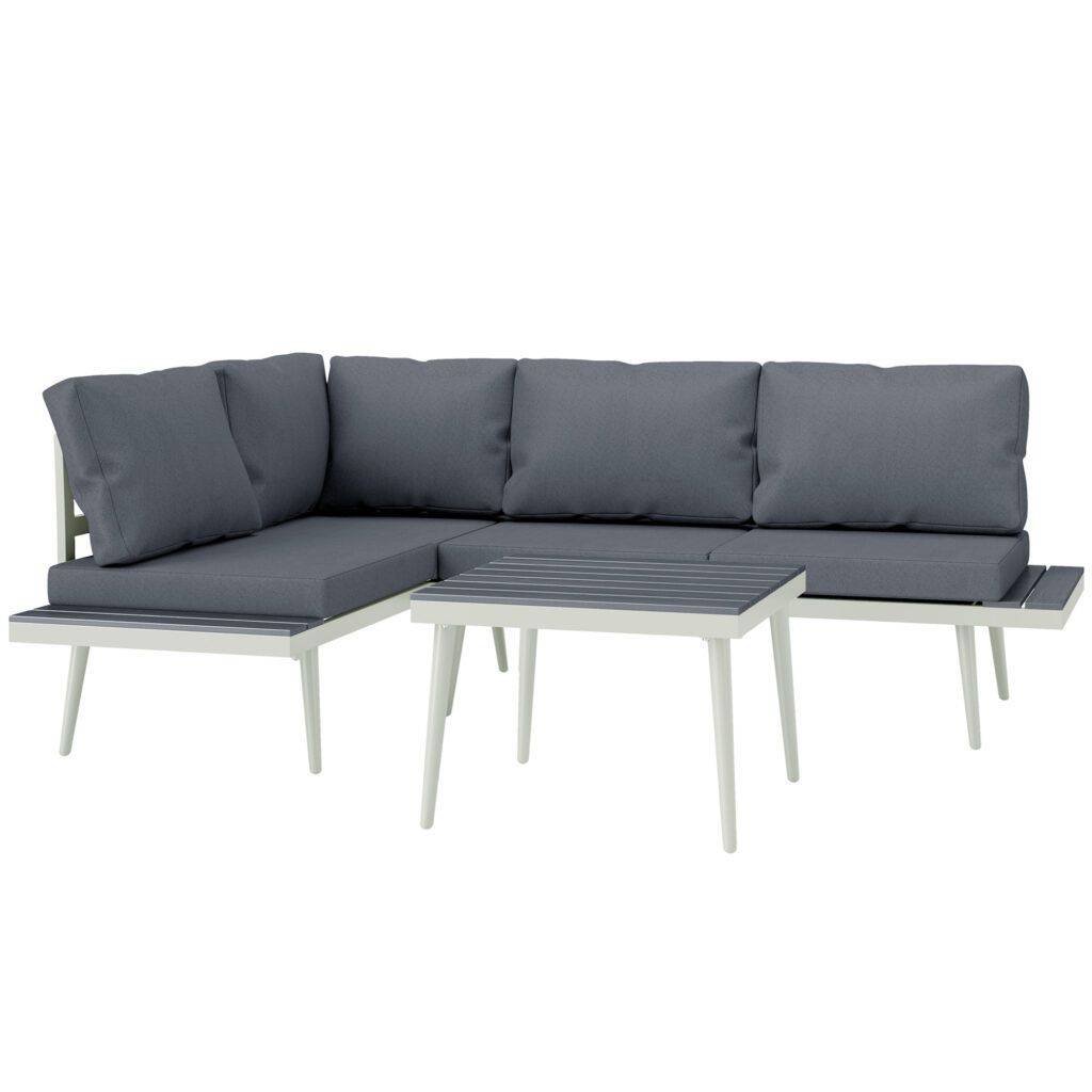 Outsunny 3 Piece Garden Furniture Set with 5-Level Adjustable Lounger, L Shaped Garden Corner Sofa with Cushions, Mesh Seat, Slatted Wood-Grain Table, Outdoor Furniture Set for Conservatory, Grey Outsunny 3 Piece Garden Furniture Set with 5-Level Adjustable Lounger, L Shaped Garden Corner Sofa with Cushions, Mesh Seat, Slatted Wood-Grain Table, Outdoor Furniture Set for Conservatory, Grey