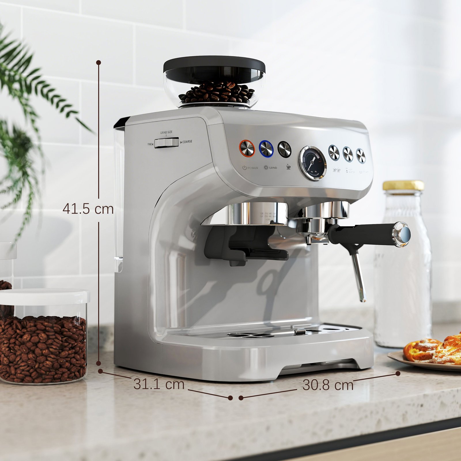 HOMCOM 15 Bar Coffee Machine with 15 Adjustable Grind Setting, Steamer and Complete Kit - Silver Colour - Image 3