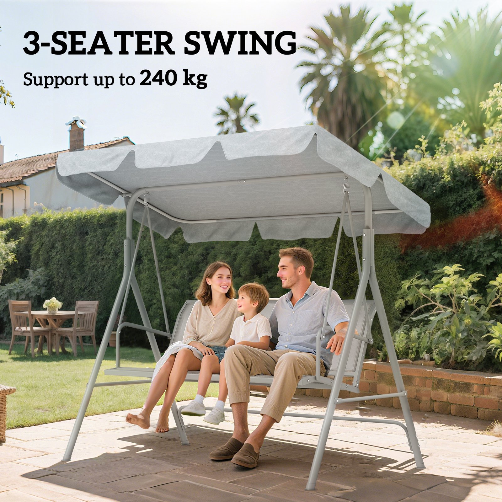 Outsunny Metal Garden Swing Chair, 3-Seater Swing Seat, Patio Hammock Bench Canopy Lounger, Light Grey - Image 7