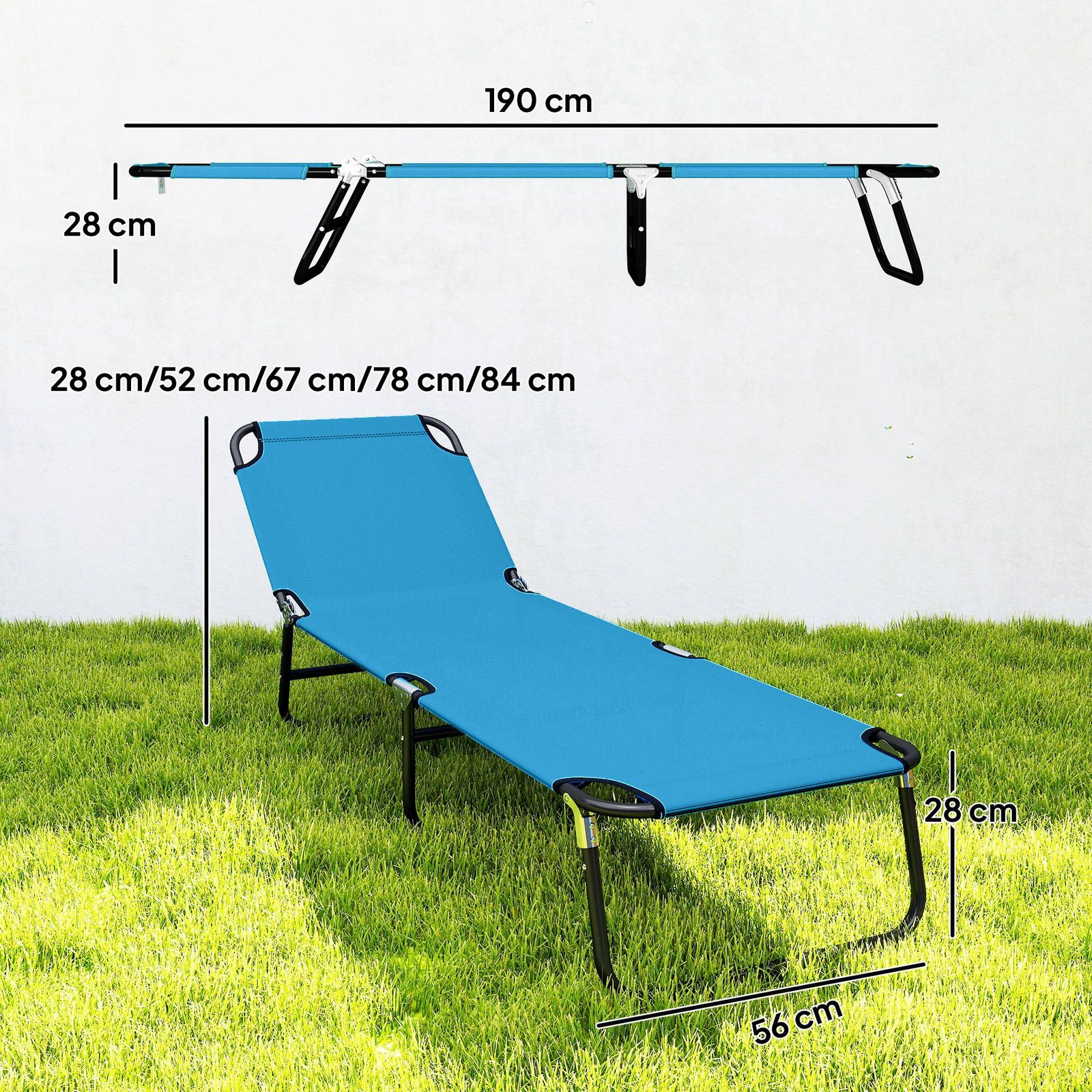 Outsunny Garden Sun Lounger, with Five-Position Back - Sky Blue - Image 3